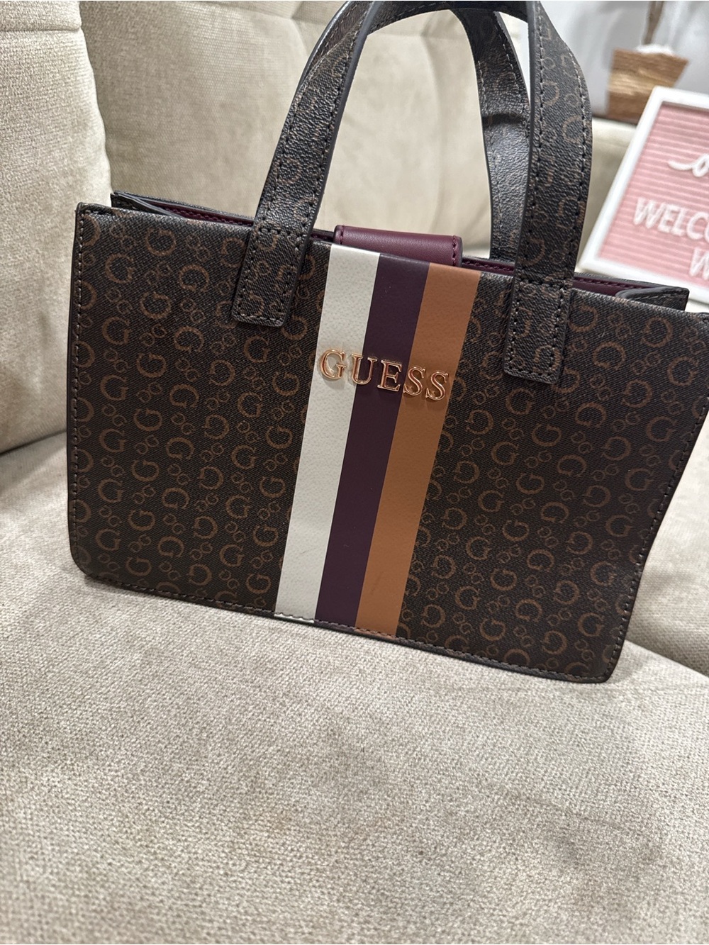 GUESS Brown Satchel with White, Purple & Tan Stripe Accents